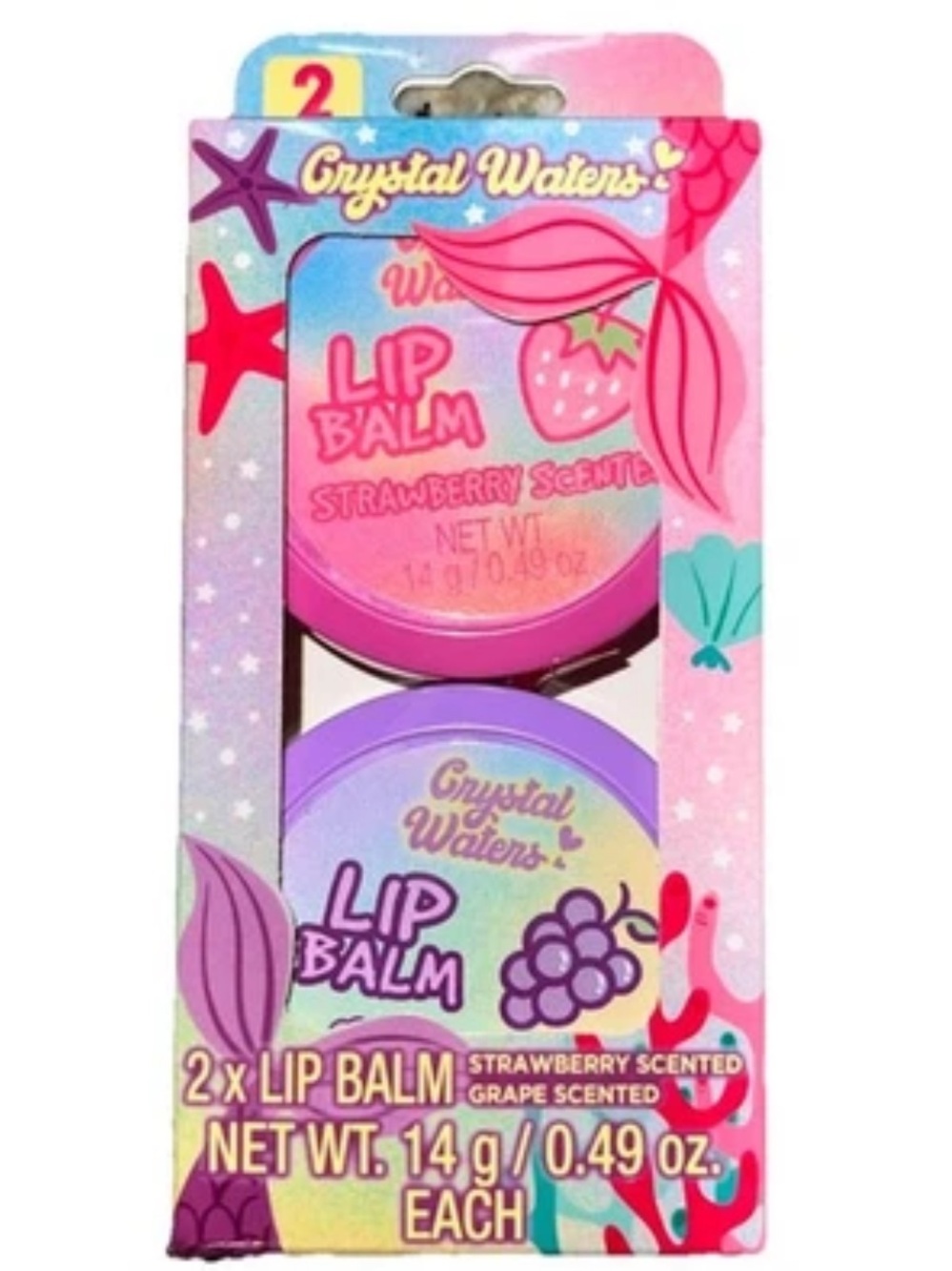 NIB Crystal Waters Mermaid Lip Balm Duo Set Strawberry & Grape 0.49oz Each